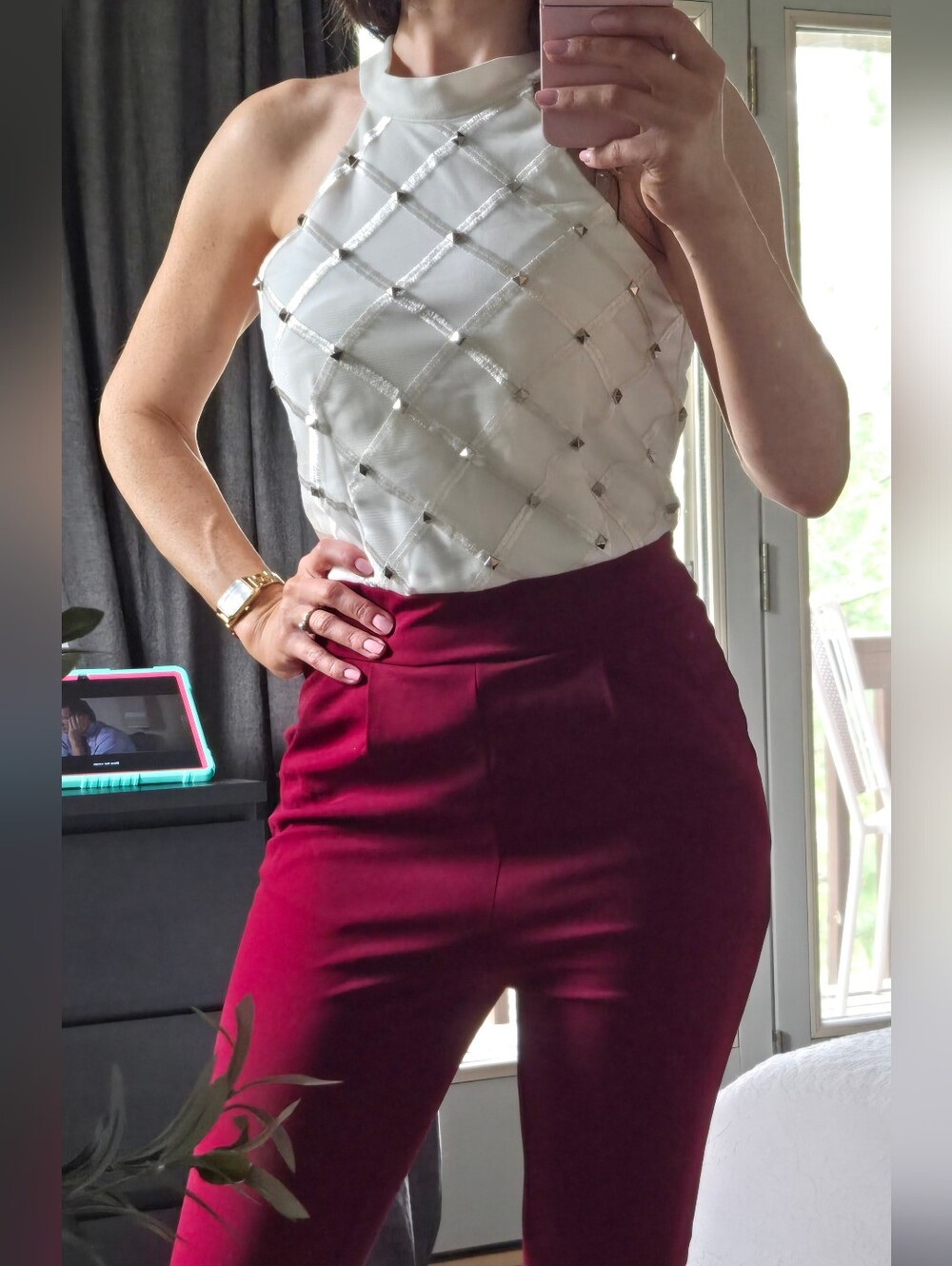 Embellished White Halter Top with Wine High-Waist Pants
